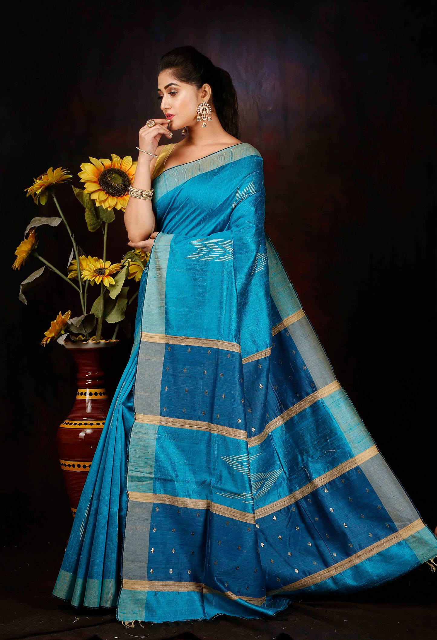 Premium Blue Dupion silk zari woven border saree