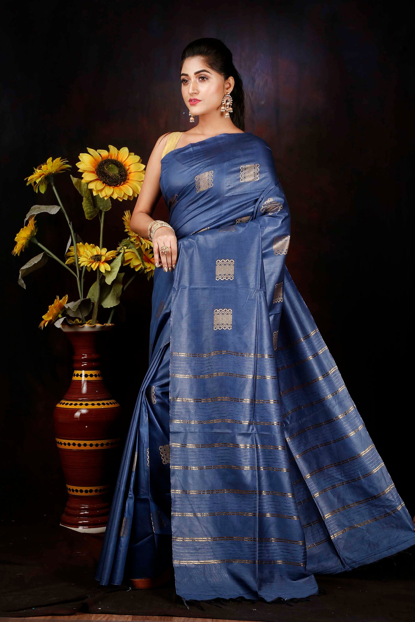 Royal Navy Blue Silk zari woven border saree