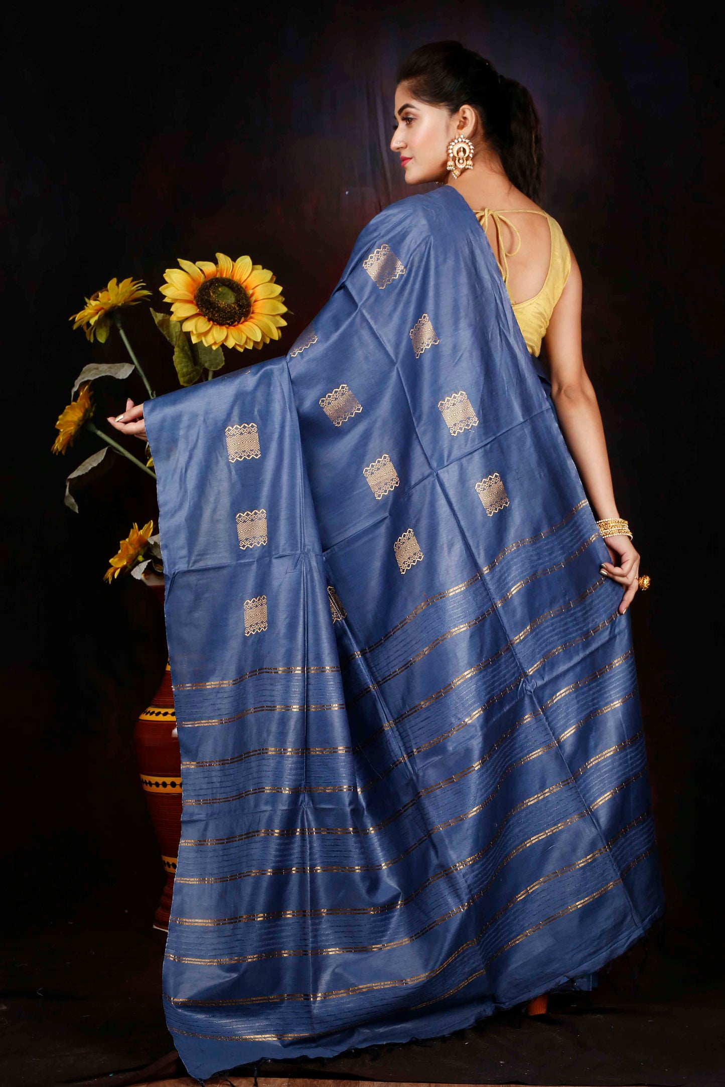 Royal Navy Blue Silk zari woven border saree