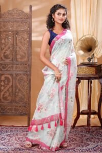 ELEGANT  WHITE LINEN FLORAL SAREE