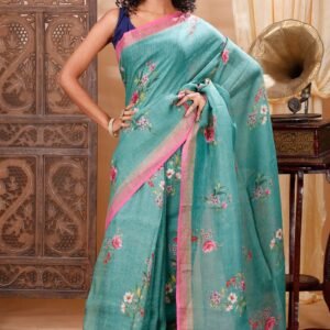 EXCLUSIVE LINEN FLORAL PRINT SAREE