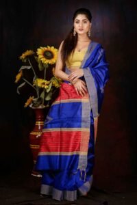 Royale Blue with Red Contrast Dupion Silk Saree