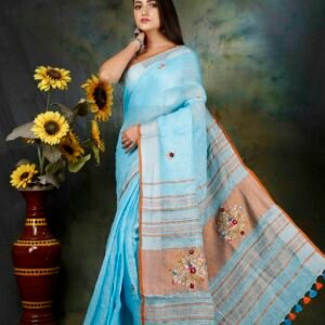 PURE LINEN HAND EMBROIDERD ZARI BORDER SAREE