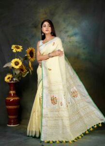 PURE LINEN HAND EMBROIDERED ZARI BORDER SAREE