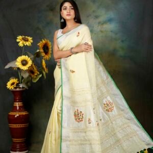PURE LINEN HAND EMBROIDERED ZARI BORDER SAREE